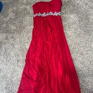 Speechless Strapless Red Dress with Silver Detailing, prom dress